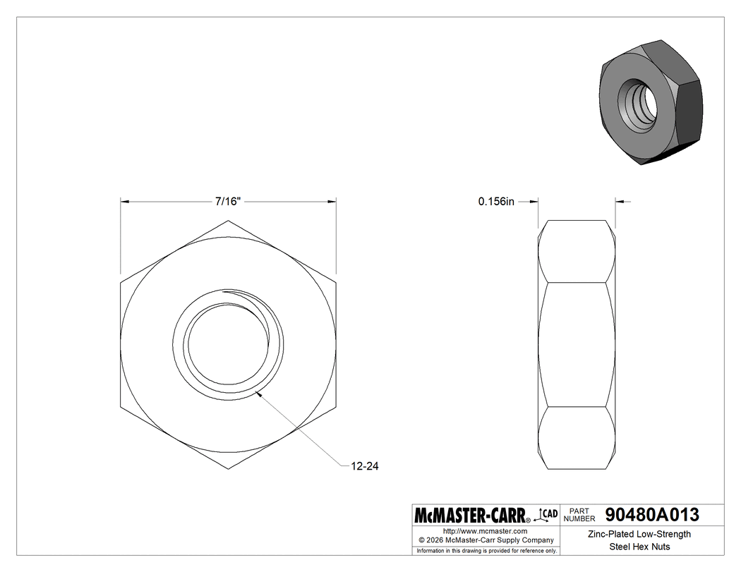 Technical Drawing of Zinc-Plated Low-Strength Steel Hex Nuts, 12-24 Thread Size.